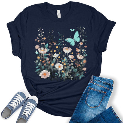Women's Wildflower Shirt Vintage Butterfly Floral Casual Graphic Tees Bella Plus Sized Tops