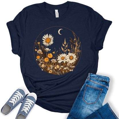 Women's Summer Shirts Trendy Daisy Boho Graphic Tees Cute Vintage Cottagecore Bella T Shirts Plus Size Floral Tops