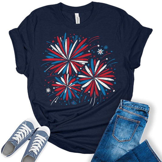 4th of July Shirts For Women Patriotic Graphic Tees Floral Fireworks Bella Plus Sized Tops