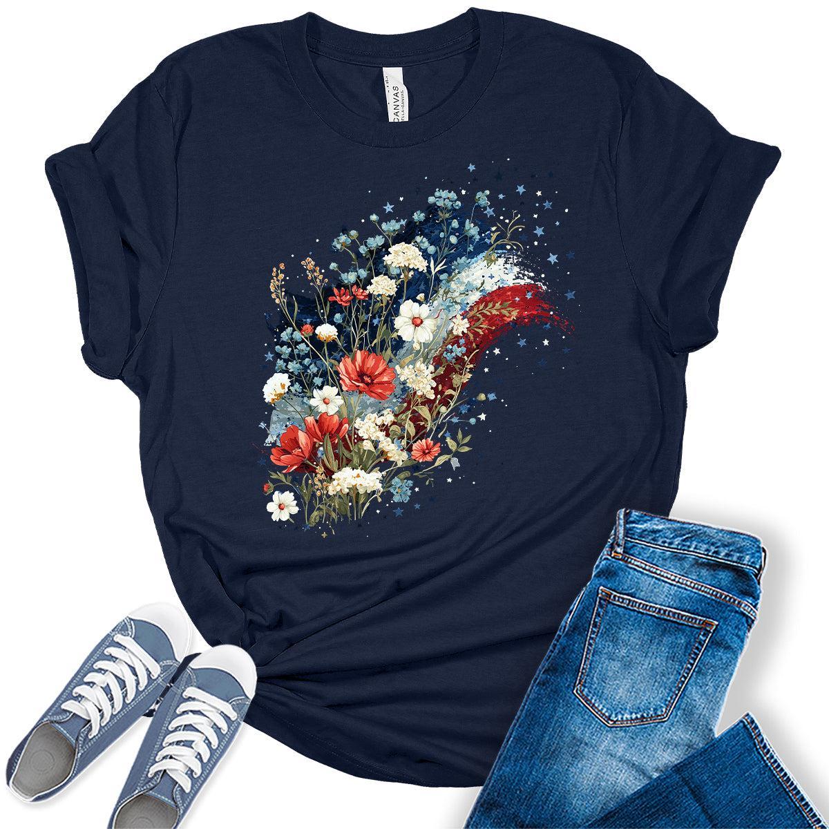 4th of July Shirts For Women Patriotic Graphic Tees Floral Flag Bella Plus Sized Tops