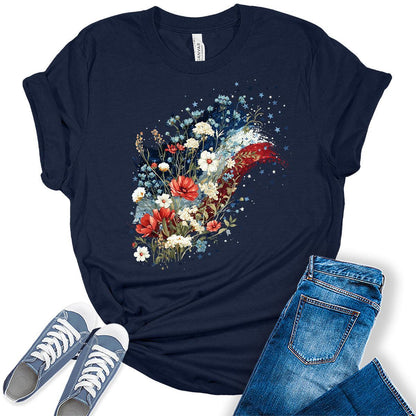 4th of July Shirts For Women Patriotic Graphic Tees Floral Flag Bella Plus Sized Tops