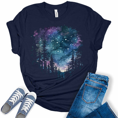 Women's Camping Northern Lights Night Sky Forest Graphic Tees