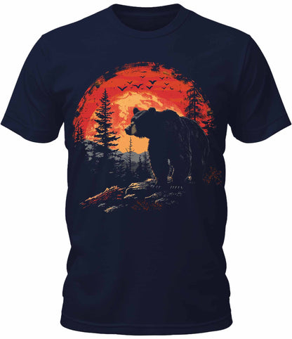 Mens Forest Sunset Bear Wild Hiking Graphic Tee Cool Premium Tshirt