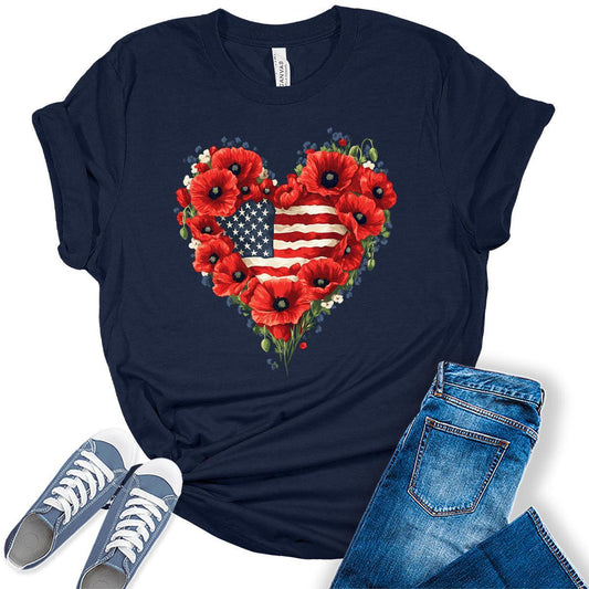 Poppies Heart 4th of July Shirts For Women Patriotic Flag Graphic Tees Floral Heart Bella Plus Sized Tops