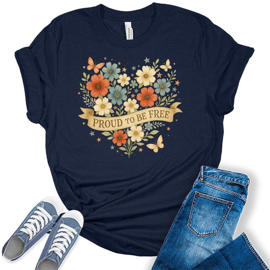 4th of July Shirts For Women Patriotic Graphic Tees Floral Heart Bella Plus Sized Tops