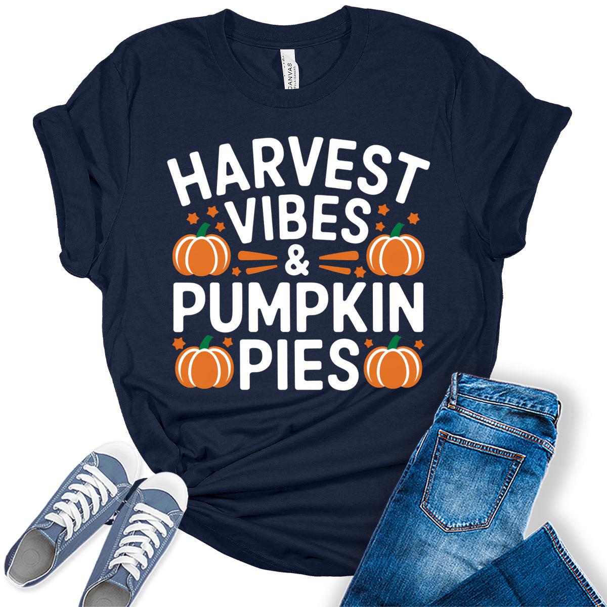 Women's Harvest Vibes Pumpkin Shirt Vintage Thanksgiving Graphic Tees Fall Tops