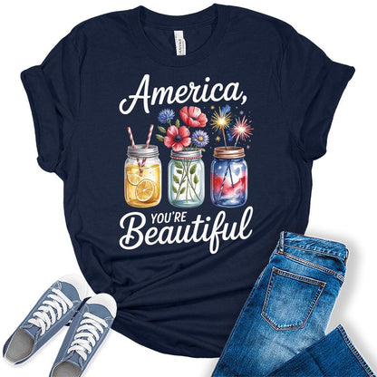 4th of July Shirts For Womens Patriotic Graphic Tees America Beautiful Bella Plus Sized Tops