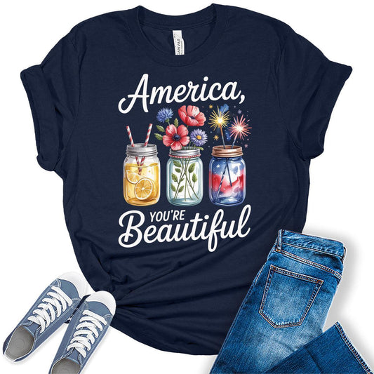 4th of July Shirts For Womens Patriotic Graphic Tees America Beautiful Bella Plus Sized Tops