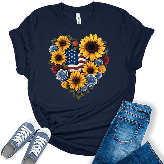 Sunflower 4th of July Shirts For Women Patriotic Graphic Tees