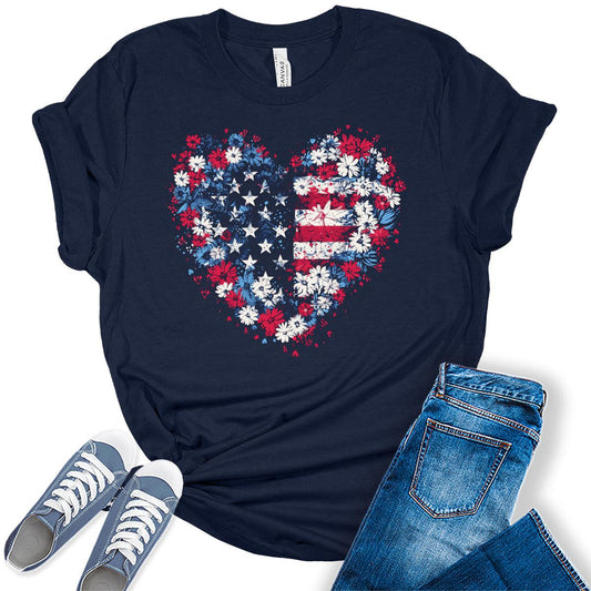 Womens 4th of July Heart Shirt American Flag T-Shirt Patriotic Graphic Tees for Women