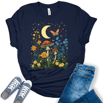 Womens Floral Shirts Wildflower Mushroom Graphic Tees Spring Butterfly Short Sleeve Cottagecore T Shirts Bella Summer Tops