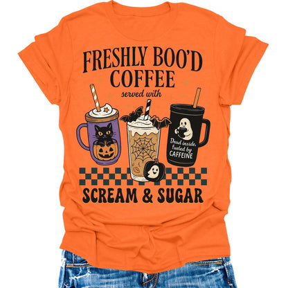 Halloween Shirts Womens Coffee Fall T-Shirts Cute Graphic Tees Thanksgiving Tops