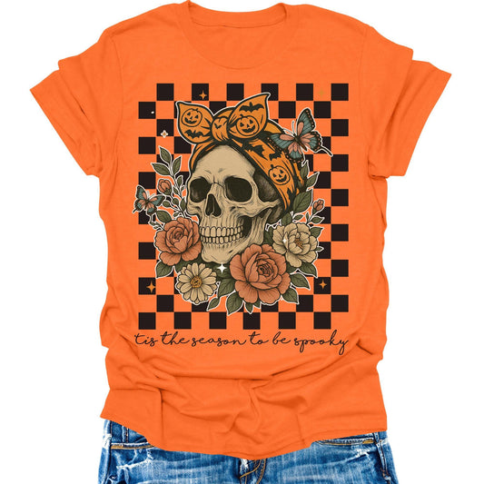 Halloween Skeleton Shirts Womens Fall T-Shirts Cute Autumn Graphic Tees Thanksgiving Tops - Halloween 64000