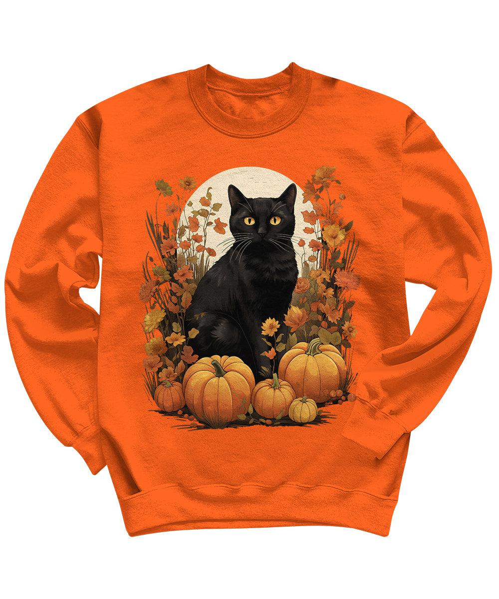 Cute Black Cat Floral Halloween Pumpkins Crewneck Sweatshirt