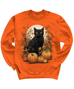 Cute Black Cat Floral Halloween Pumpkins Crewneck Sweatshirt