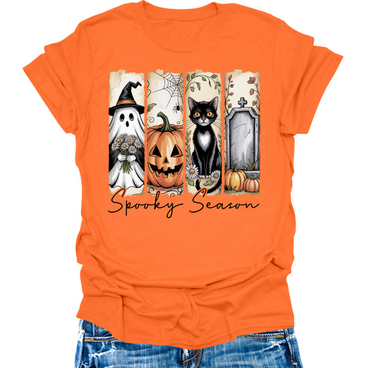 Halloween Spooky Season Shirts Womens Fall T-Shirts Cute Graphic Tees Thanksgiving Tops