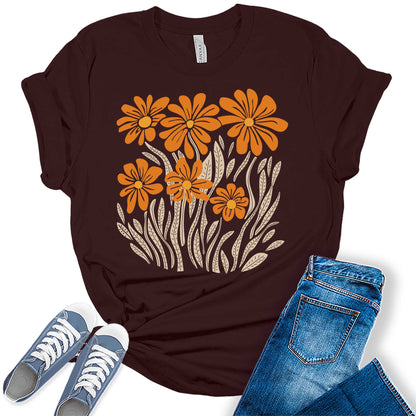 Womens Boho Fall Floral Daisy Graphic Tees