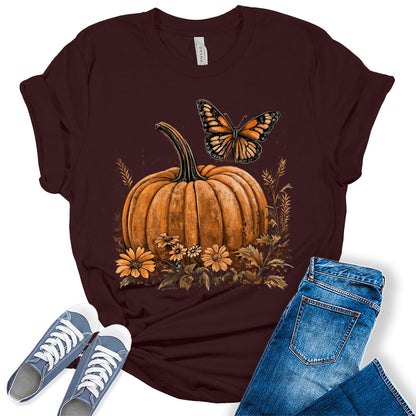 Womens Fall Pumpkin Butterfly Thanksgiving Graphic Tees