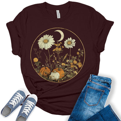 Fall Floral Pumpkin Shirt Halloween Graphic Tees Short Sleeve Plus Size Tops For Women