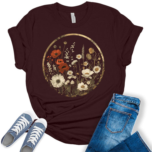 Women's Floral Shirts Vintage Graphic Flower Tees Short Sleeve Cottagecore T Shirts