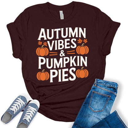 Women's Autumn Vibes Pumpkin Shirt Vintage Thanksgiving Graphic Tees Fall Tops