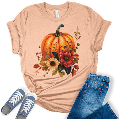 Trendy Fall Pumpkin Flower Graphic Tees For Women