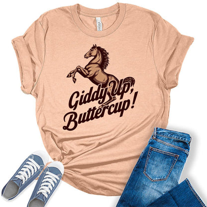 Western Outfit For Women Cowgirl Shirts Rodeo Giddy Up Buttercup Graphic Tees Bella Plus Sized Tops