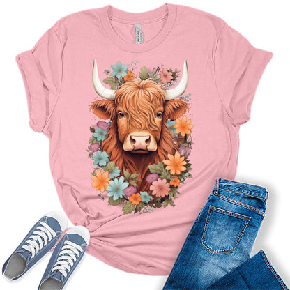 Womens Highland Cow Shirt Cute Western Country Tops Plus Size Summer Graphic Tees