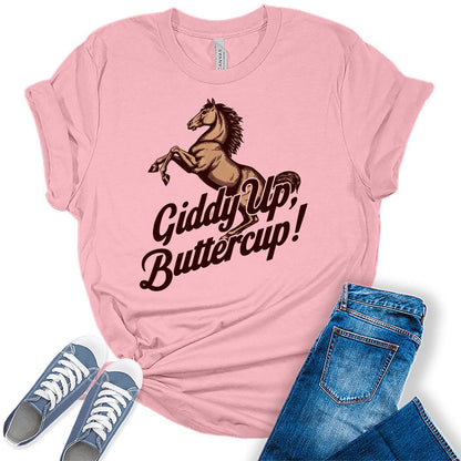 Western Outfit For Women Cowgirl Shirts Rodeo Giddy Up Buttercup Graphic Tees Bella Plus Sized Tops