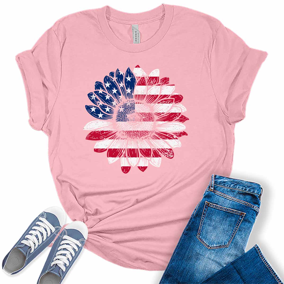 Sunflower American Flag Patriotic Women's 4th Of July Graphic Tee