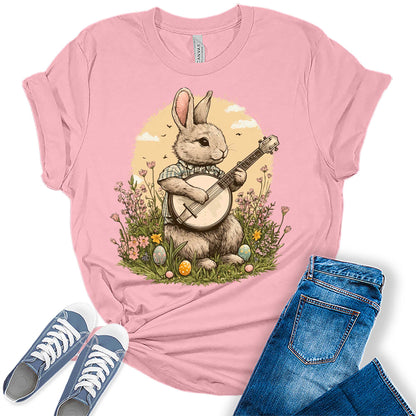 Women's Easter Bunny Playing Banjo Cottagecore Shirts Cute Trendy Casual Graphic Tees Bella Plus Sized Tops