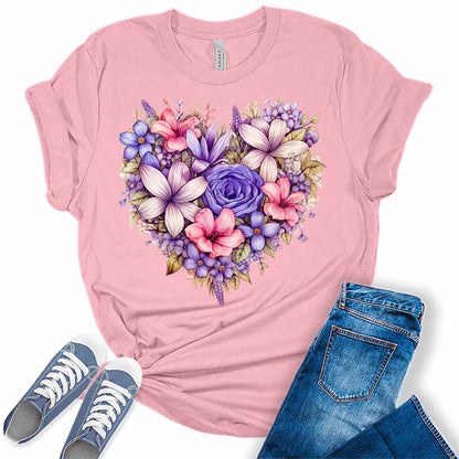 Heart Shirt for Women Cute Floral Spring T Shirt Trendy Plus Size Summer Graphic Tees