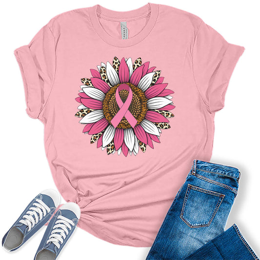 Women's Breast Cancer Ribbon Awareness Sunflower Leopard Print Graphic Tees