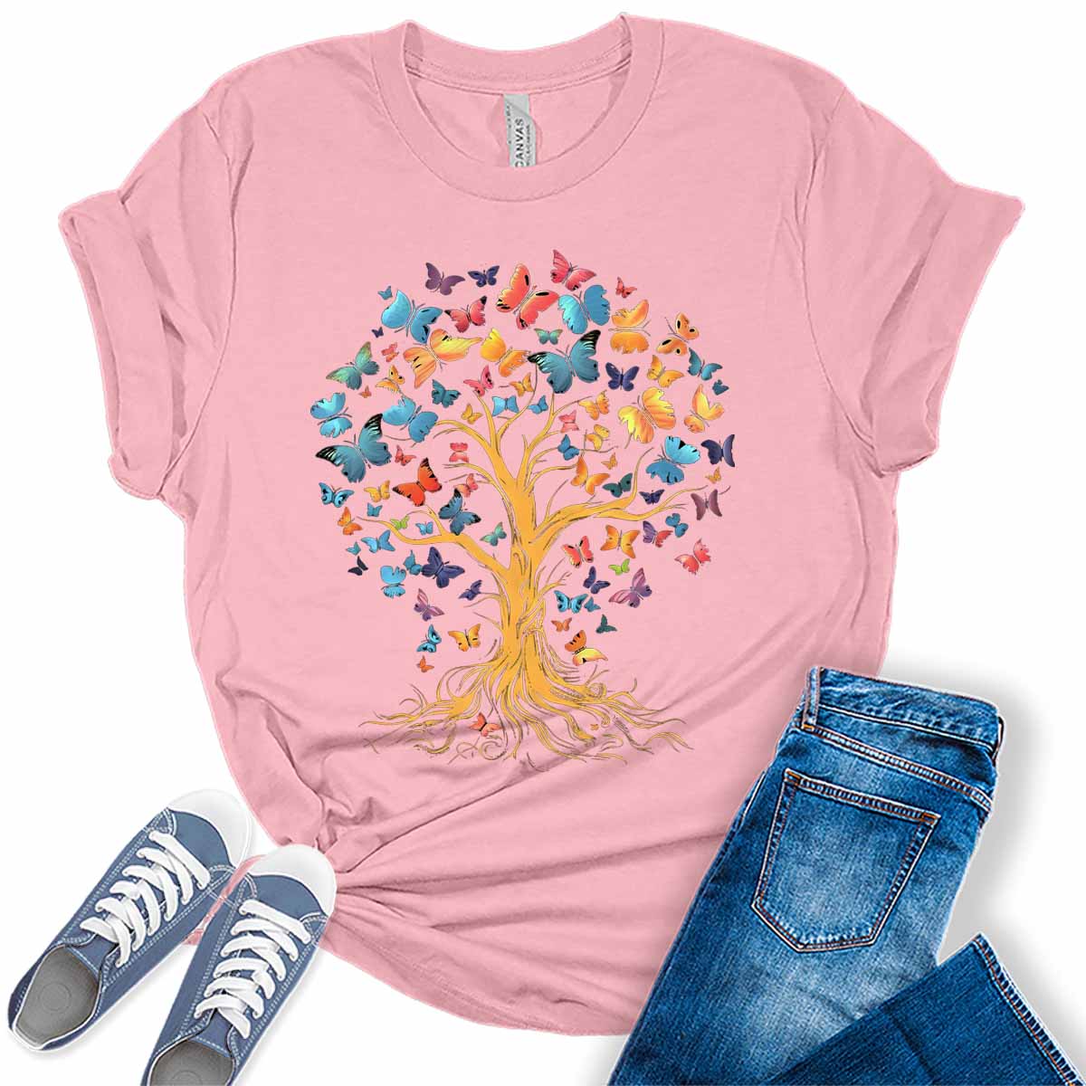 Butterfly Tree Shirt Casual Ladies Cute Floral Bella Graphic Tees Spring Short Sleeve Plus Size Summer Tops for Women