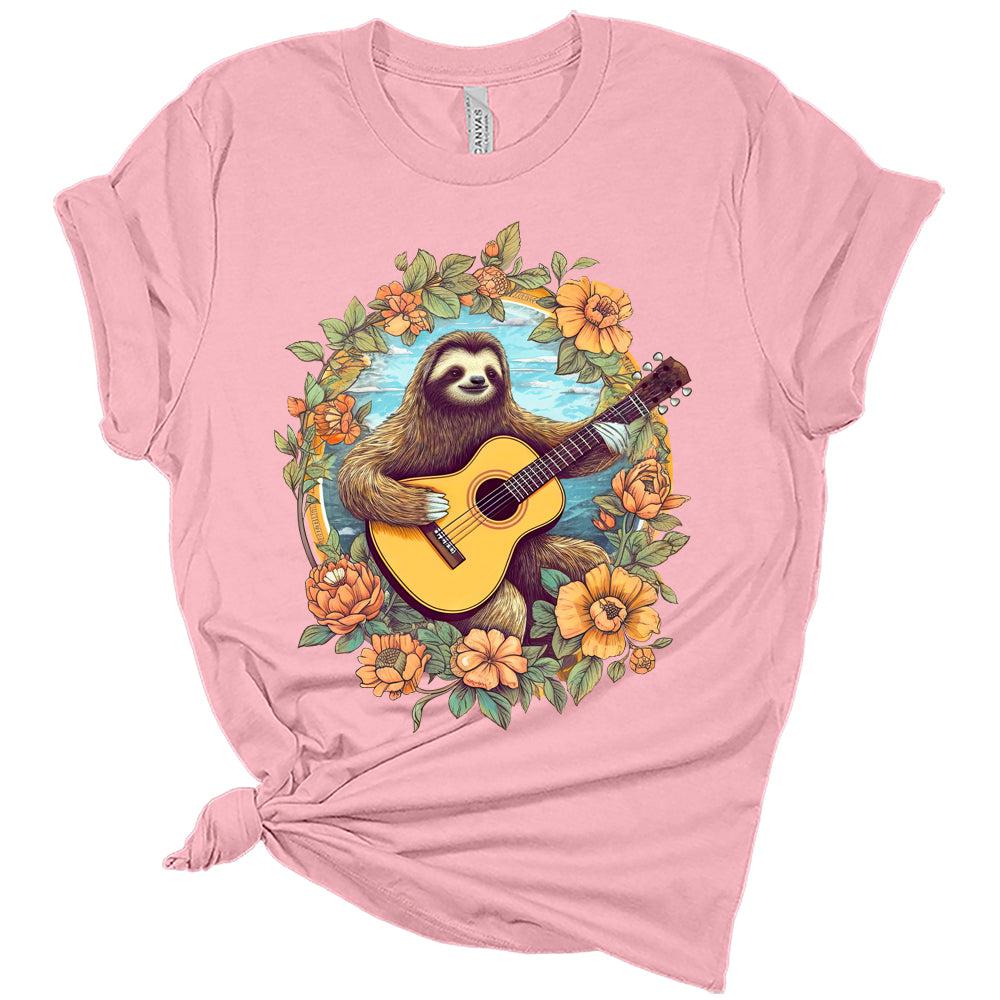 Sloth Playing Guitar Floral Frame Aesthetic Cottagecore Women's Graphic Tee