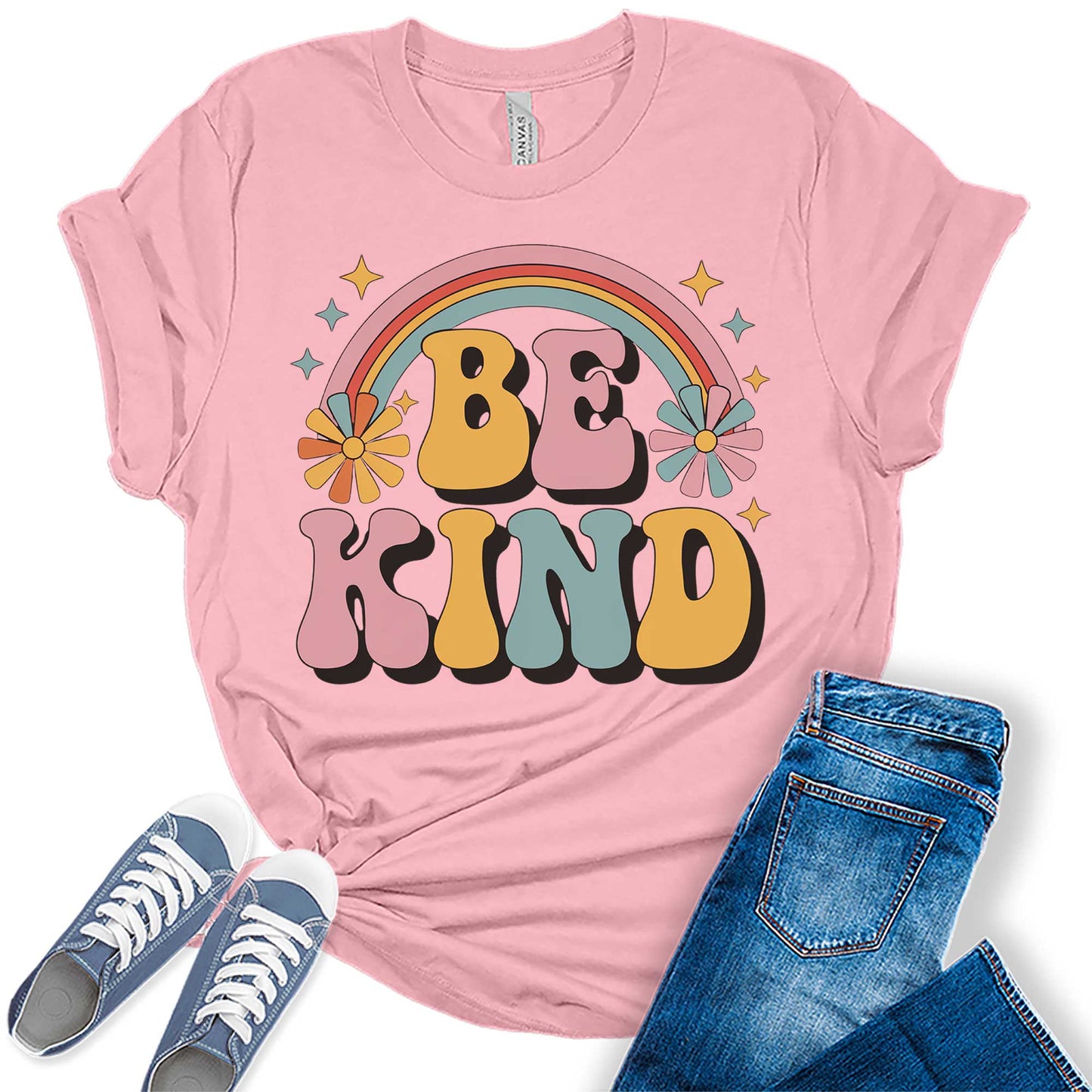 Womens Be Kind Floral Vintage Retro Rainbow Trendy Graphic Tees