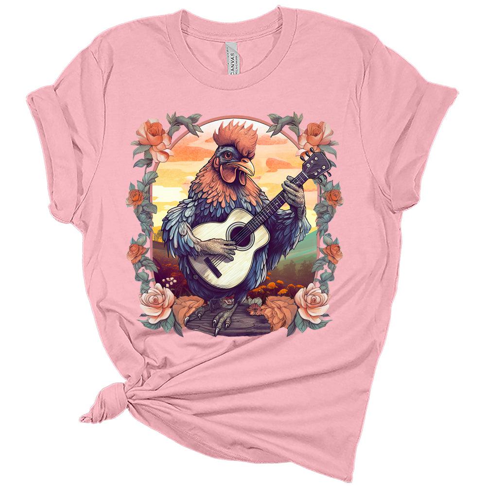 Rooster Playing Guitar Floral Frame Cottagecore Aesthetic Women's Graphic Tee