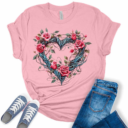 Womens Floral Vine Heart Shirt Cute Tshirts Bella Graphic Tees Casual Short Sleeve Summer Tops