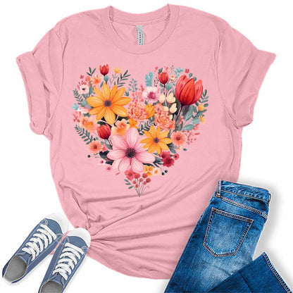 Heart Shirt Cute Floral Spring Summer Graphic Tees for Women Plus Size Tops