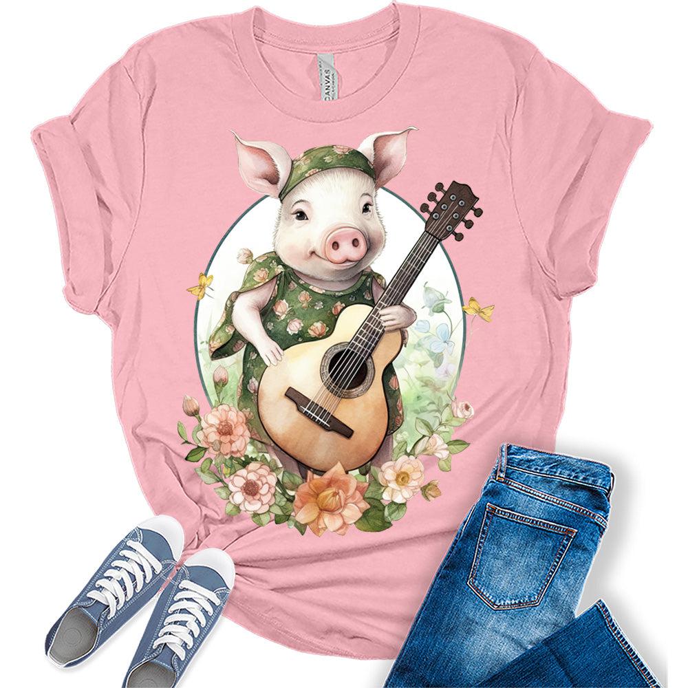 Piggy Playing Guitar Shirt Floral Cottagecore Short Sleeve Graphic Tee For Women