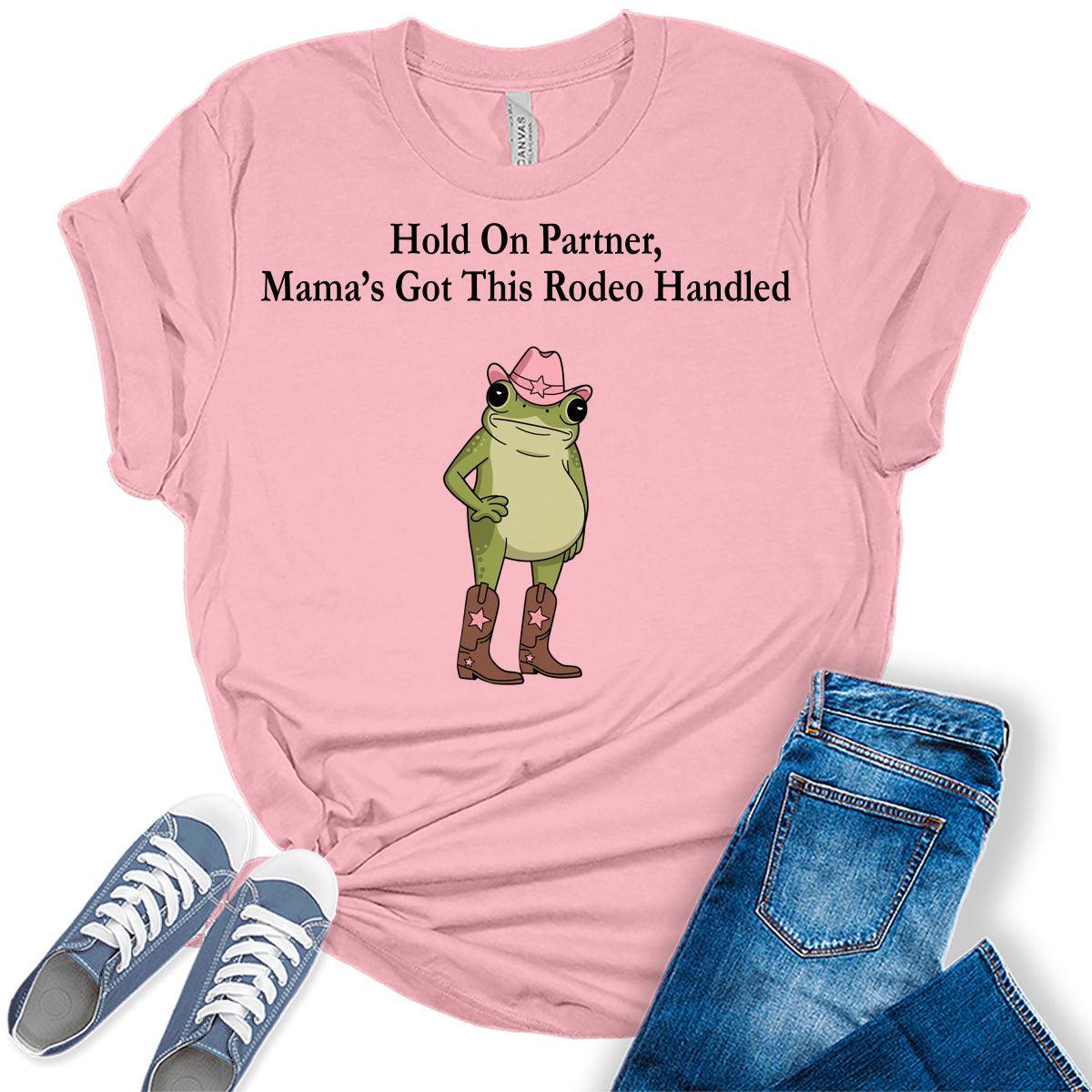 Women's Hold On Partner Funny Western Frog Shirts For Mom Graphic Tees Bella Plus Sized Tops