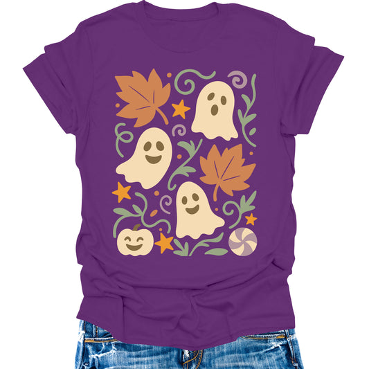 Halloween Pumpkin Shirts Womens Vintage Boho Ghost Fall T-Shirts Cute Autumn Graphic Tees Thanksgiving Tops