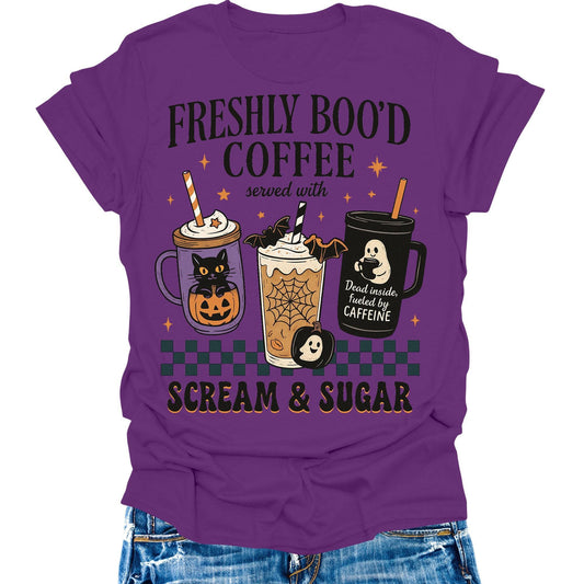 Halloween Shirts Womens Coffee Fall T-Shirts Cute Graphic Tees Thanksgiving Tops