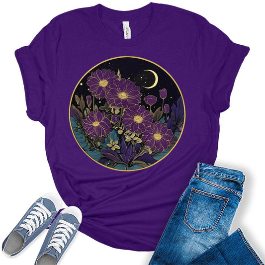 Boho Tops Floral Shirts Womens Graphic Tees Purple Wildflower Vintage Moon Cottagecore T Shirts