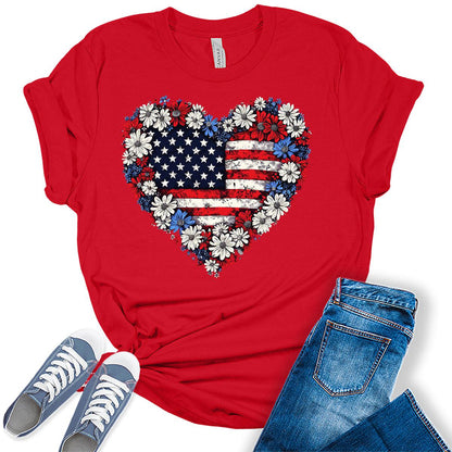 4th of July Patriotic Heart American Flag Graphic Tees for Women