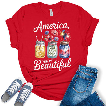 4th of July Shirts For Womens Patriotic Graphic Tees America Beautiful Bella Plus Sized Tops