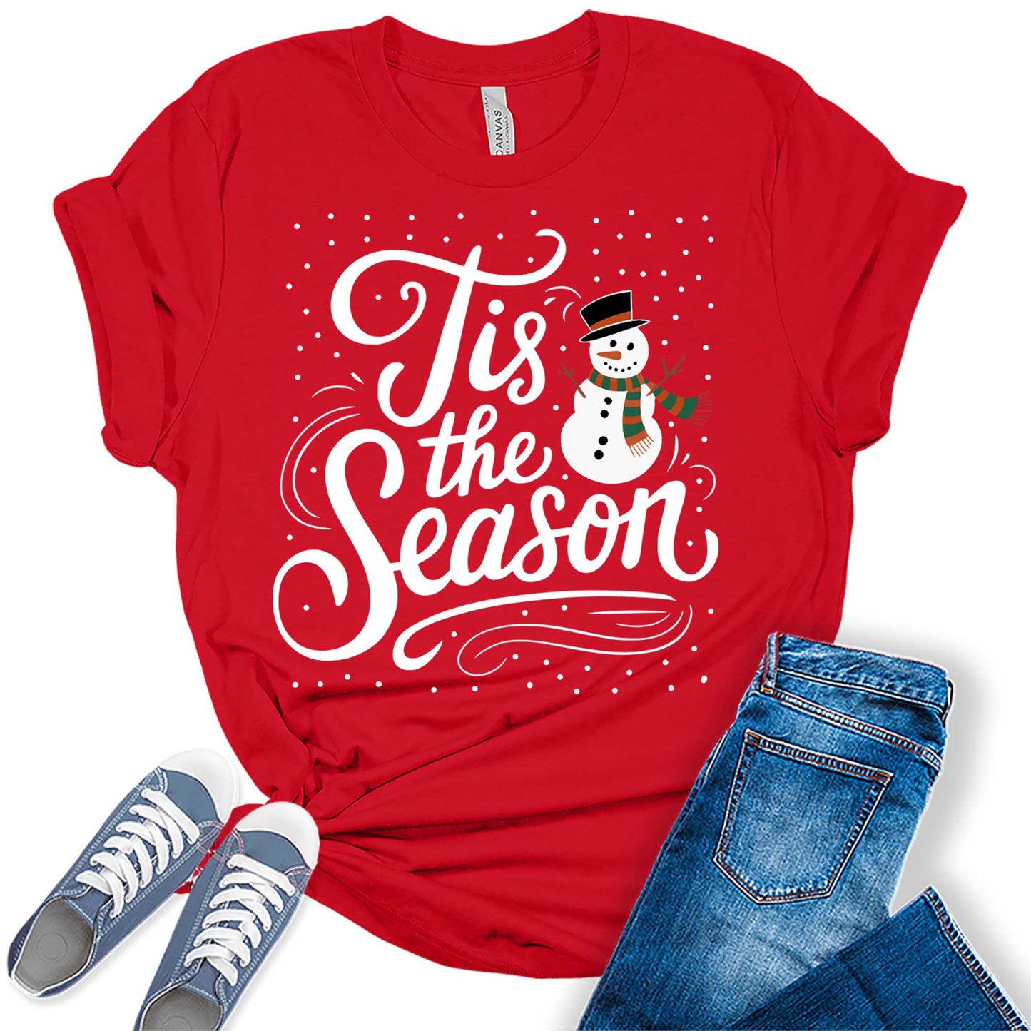 Women's Tis The Season Christmas Snowman Graphic Tees