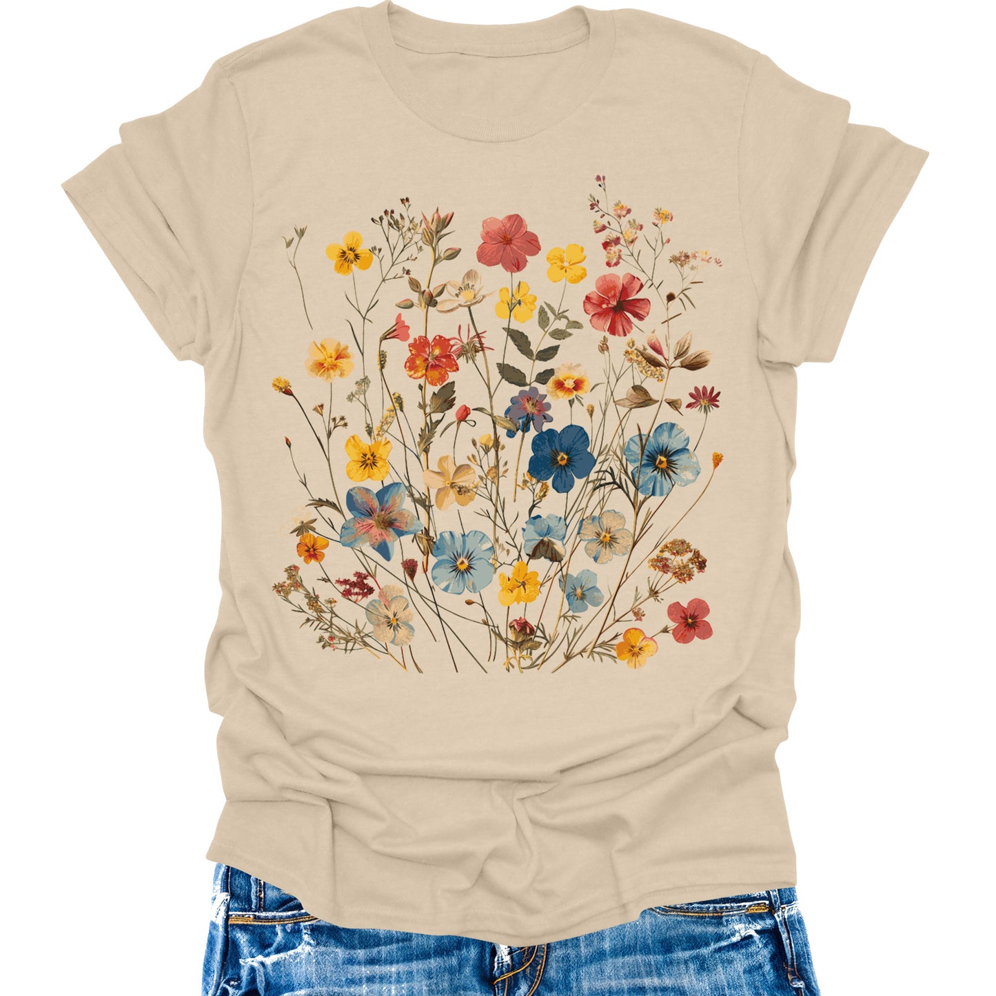 Women's Boho Shirt Wildflower Vintage Floral Botanical Graphic Tees Short Sleeve Tops