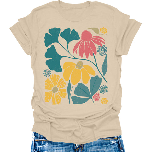 Womens Flower Graphic Tees Summer Short Sleeve Shirts Casual Loose Beach Tops