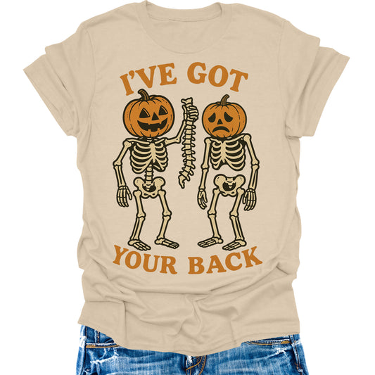 I've Got Your Back T- Shirt Halloween Skeleton Pumpkin Shirts Womens Fall Cute Graphic Tees